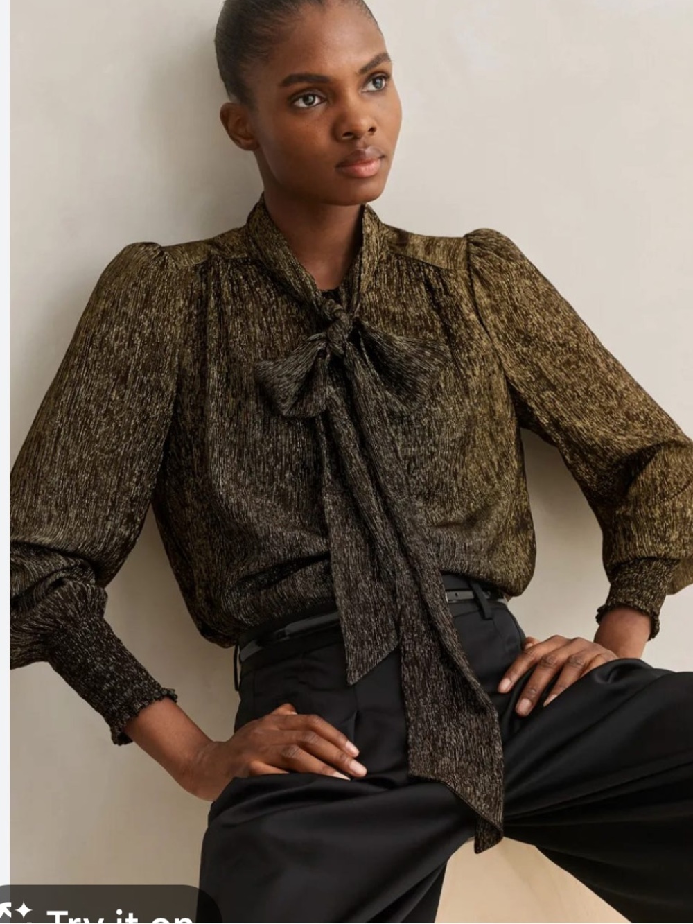 ME+EM Black Sheer Blouse Gold metallic Tie Neck Long Sleeves smocked cuff Size 6